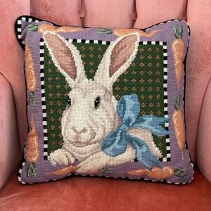 & Other Stories White Bunny Needlepoint Pillow with Lavender Border and Blue Bow